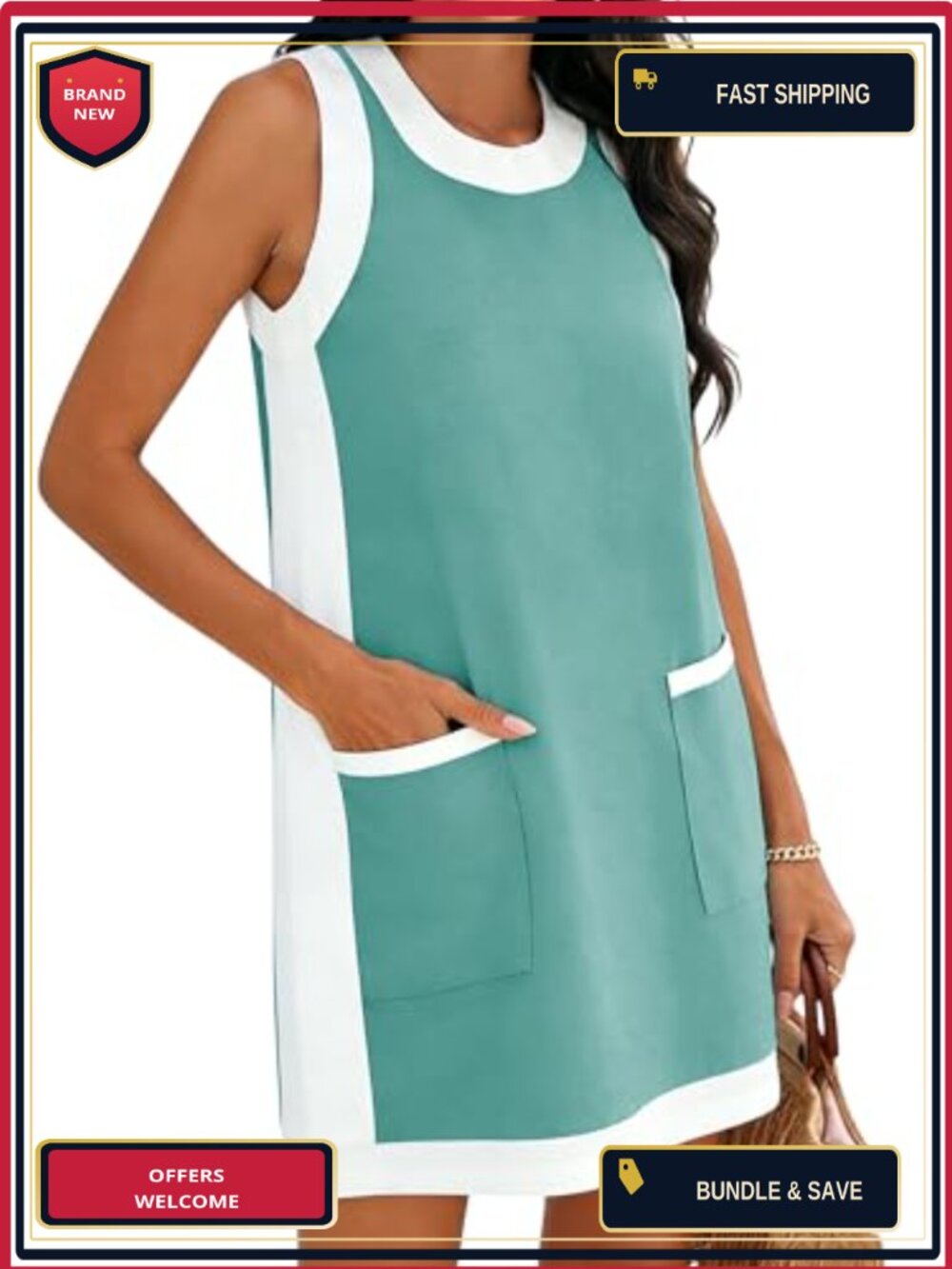 Color Block Sleeveless Summer Mini Dress with Pockets Crewneck Beach Vacation